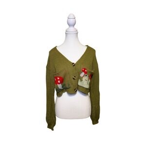 Frog Mushroom Knit Cardigan Cropped Oversized Fairycore Green M Romwe